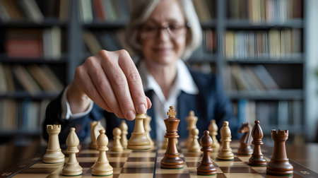 Focused Senior Woman Playing Chess Strategically in Library Settingの素材