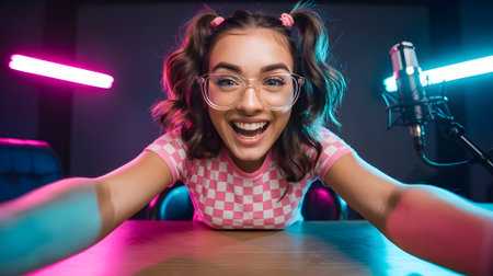 Cheerful young woman streaming live with vibrant neon lights, microphone, and trendy pink outfit, capturing joyful energy in studio setup.の素材