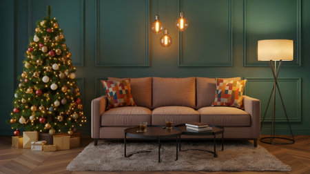 Modern Cozy Living Room with Christmas Tree, Warm Lights, and Festive Holiday Decorationsの素材