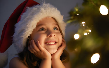 Excited child in Santa hat gazes up at glowing Christmas tree lights. Magical holiday wonder moment.の素材