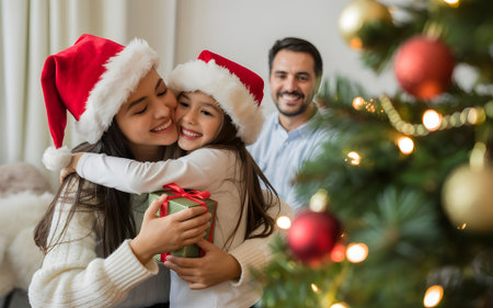 Happy family in Santa hats hugging with gift near glowing Christmas tree. Warm holiday joy.の素材