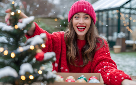 Joyful woman in red sweater decorates snowy Christmas tree with ornaments outdoors. Festive winter holiday.の素材