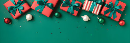 Red Christmas gifts with teal ribbons and colorful ornaments on green background. Festive holiday flat lay.の素材