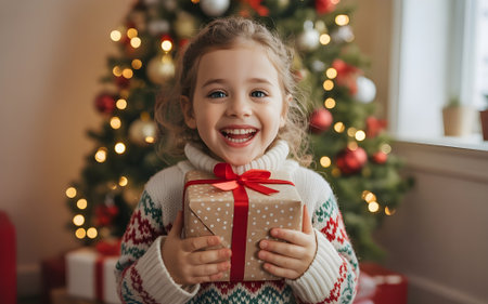 Excited little girl in festive sweater holds wrapped Christmas gift in front of glowing tree.の素材