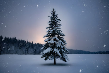 Snow-covered Christmas tree stands alone in winter forest at twilight with falling snow. Serene holiday scene.の素材