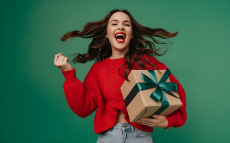 Excited young woman in red sweater celebrates with gift box against green background. Joyful Christmas holiday moment.の素材