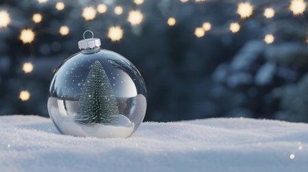 Glass Christmas ornament with miniature tree in snow, bokeh lights background. Magical holiday decoration.の素材