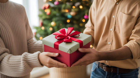 Couple exchanging red Christmas gift with ribbon in front of glowing tree. Romantic holiday moment.の素材