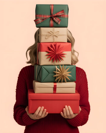 Woman in red sweater hides behind tall stack of wrapped Christmas gifts. Festive holiday surprise concept.の素材
