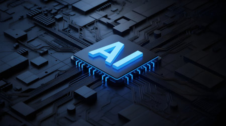 Glowing AI chip embedded in a futuristic circuit board, symbolizing advanced artificial intelligence, digital innovation, and next-generation computing technology.の素材