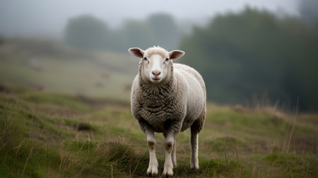 Adorable woolly sheep staring at camera in misty green meadow, perfect farm animal portrait with soft bokeh background.の素材