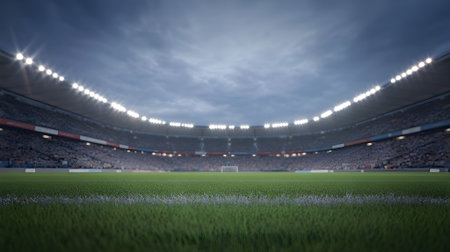 Massive floodlit soccer stadium packed with fans under dramatic cloudy sky, pristine green pitch ready for action.の素材