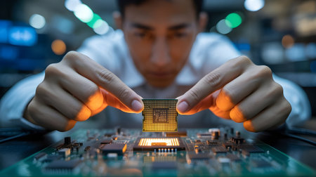 Engineer in lab coat carefully installing CPU chip onto glowing motherboard in high-tech electronics environment.の素材