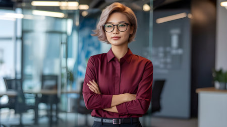 Confident young businesswoman in glasses and maroon shirt stands with arms crossed in modern office setting.の素材