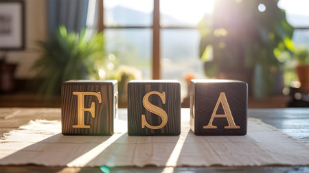 Golden FSA letters on wooden blocks bask in warm sunlight on table, symbolizing finance and investment.の素材