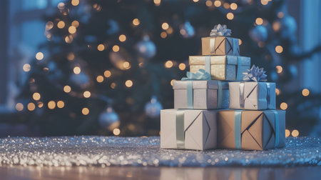 Stack of elegant silver and gold gift boxes with ribbons against twinkling Christmas tree bokeh lights.の素材