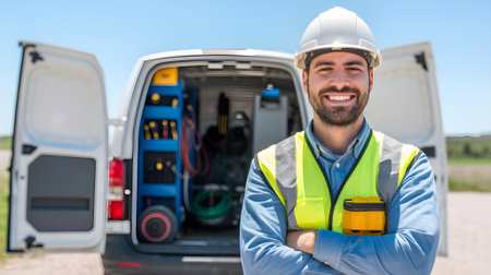 Confident smiling construction worker in safety gear standing proudly in front of fully equipped service van, professional tradesman concept.の素材