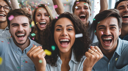 Diverse young business team celebrating success with confetti and raised fists, joyful victory and teamwork concept in office.の素材