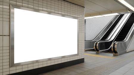 Blank white billboard mockup in modern subway station with escalator, perfect template for advertising and promotional designs.の素材
