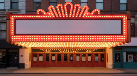 Classic cinema theater facade with glowing red marquee and blank billboard, perfect mockup for movie premieres and events.の素材