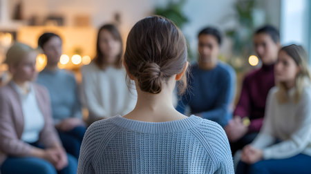 Back view of woman facing group in therapy session, concept of support group, counseling and mental health recovery.の素材