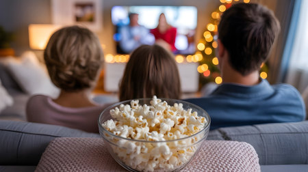 Family enjoying Christmas movie night on couch with popcorn and glowing tree lights, cozy holiday home entertainment scene.の素材