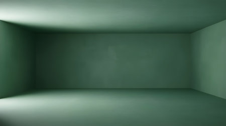 Empty minimalist green room with dramatic spotlight illumination, perfect clean studio background for product placement and mockups.の素材