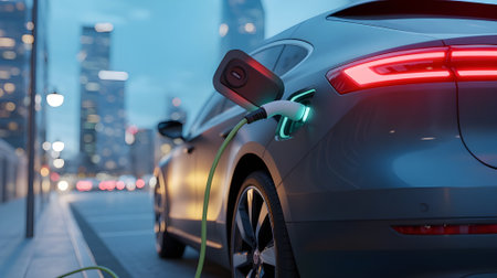 Modern electric car charging in urban city at night, showcasing sustainable eco-friendly transportation and green energy future.の素材