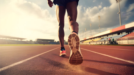 Athlete sprinting on track, powerful legs in motion, capturing speed and determination in stadium running event.の素材