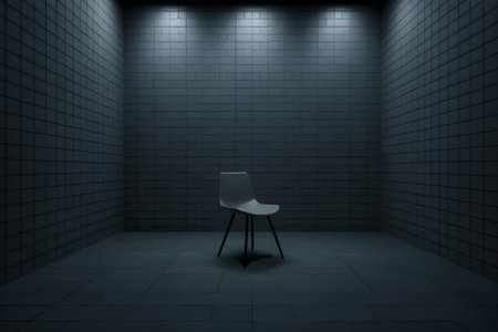 Lonely white chair in dimly lit empty tiled room with dramatic spotlight, powerful concept of isolation and solitude.の素材