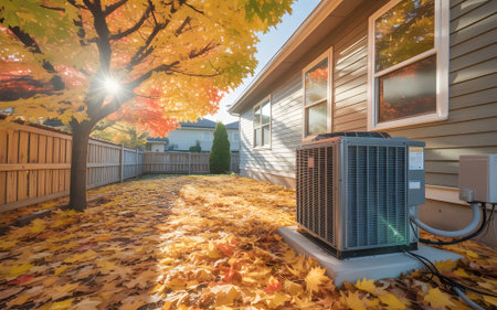 Outdoor air conditioner unit surrounded by vibrant autumn leaves on sunny fall day in residential backyard with colorful tree.の素材