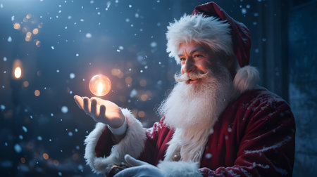 Magical Santa Claus holding glowing Christmas light orb in snowy night with bokeh lights and festive winter atmosphere.の素材