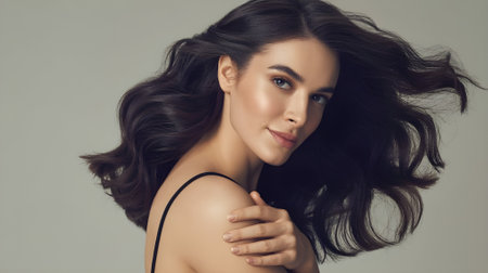 A stunning and elegant woman with flowing hair, posing gracefully with a soft smile, showcasing beauty and confidence.の素材