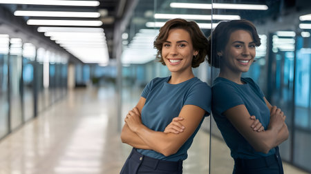 A confident young businesswoman smiling while standing in an office, with her arms crossed in front of a mirror.の素材