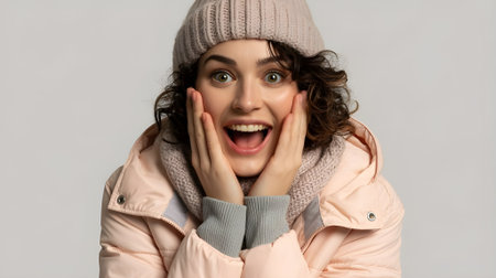 A joyful young woman in winter attire, smiling and showing excitement, with a pink coat and knitted hat.の素材