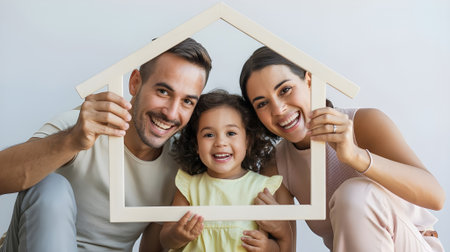 A happy family of three smiling together, holding a house-shaped frame, celebrating love, unity, and home life.の素材