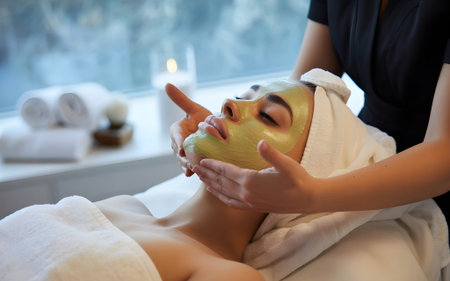 Relaxing spa facial treatment with soothing green mask, promoting beauty, skincare, wellness, and rejuvenation in a calm, luxurious environment.の素材