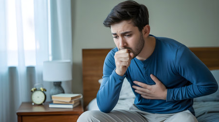 Young man sitting on his bed holding his chest and coughing, portraying discomfort, illness, and a realistic health-related lifestyle moment.の素材