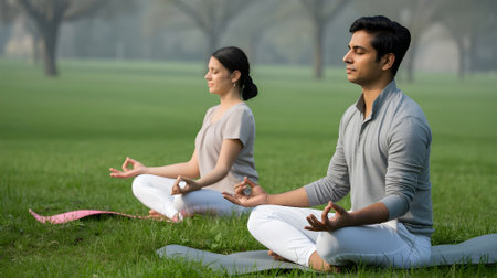 A calm couple practicing yoga meditation outdoors, promoting mindfulness, wellness, balance, and peaceful living in a serene, green natural environment.の素材