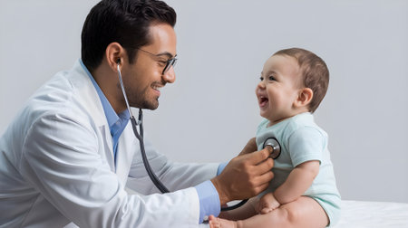 Smiling pediatrician gently examines a happy baby with a stethoscope, capturing warmth, trust, and professional childcare in a bright clinical setting.の素材