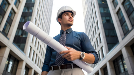 Confident architect holding blueprints while standing between modern skyscrapers, showcasing leadership in urban construction and designの素材