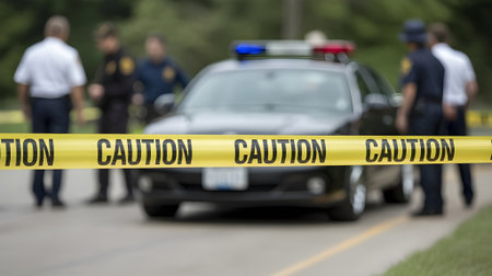 Yellow caution tape blocks a police scene as officers investigate an incident, creating a tense and secure crime-scene atmosphere.の素材