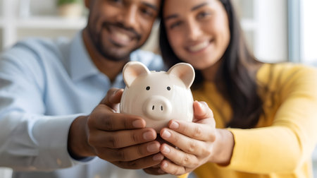 Smiling couple holding a piggy bank symbolizing savings, financial planning, money management, and secure future investments with a positive, hopeful atmosphere.の素材
