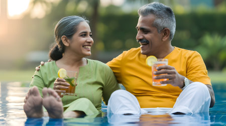 Smiling senior couple relaxing by the pool with refreshing drinks, enjoying leisure, bonding, and a peaceful outdoor lifestyle together.の素材