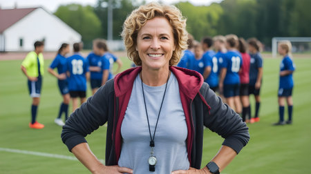 Confident female coach standing on football field with team behind her, leading training session with motivation, strength and positive energy.の素材