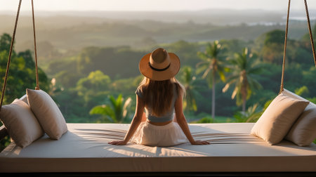 Woman relaxing on outdoor swing bed at sunset, overlooking tropical landscape, peaceful travel vacation and nature escape vibes.の素材