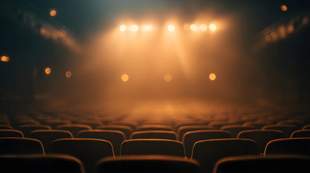 Empty cinema theater with glowing stage lights and seats, cinematic atmosphere, dramatic lighting, performance venue background, entertainment concept.の素材