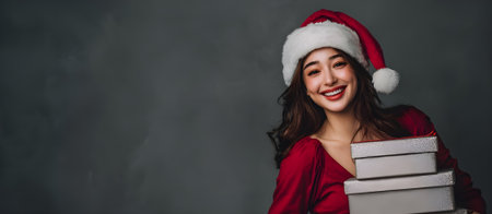 A joyful young woman in a red Christmas dress and Santa hat, holding Christmas gifts, spreading holiday cheer.の素材
