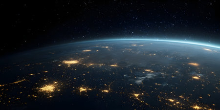 Cinematic view of Earth from space at night, glowing city lights, curved horizon, stars, global technology and science background.の素材