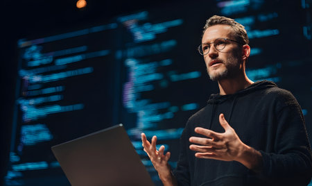 Tech expert presenting AI and programming concepts on stage, futuristic data background, innovation, education, technology leadership, and digital transformation concept.の素材